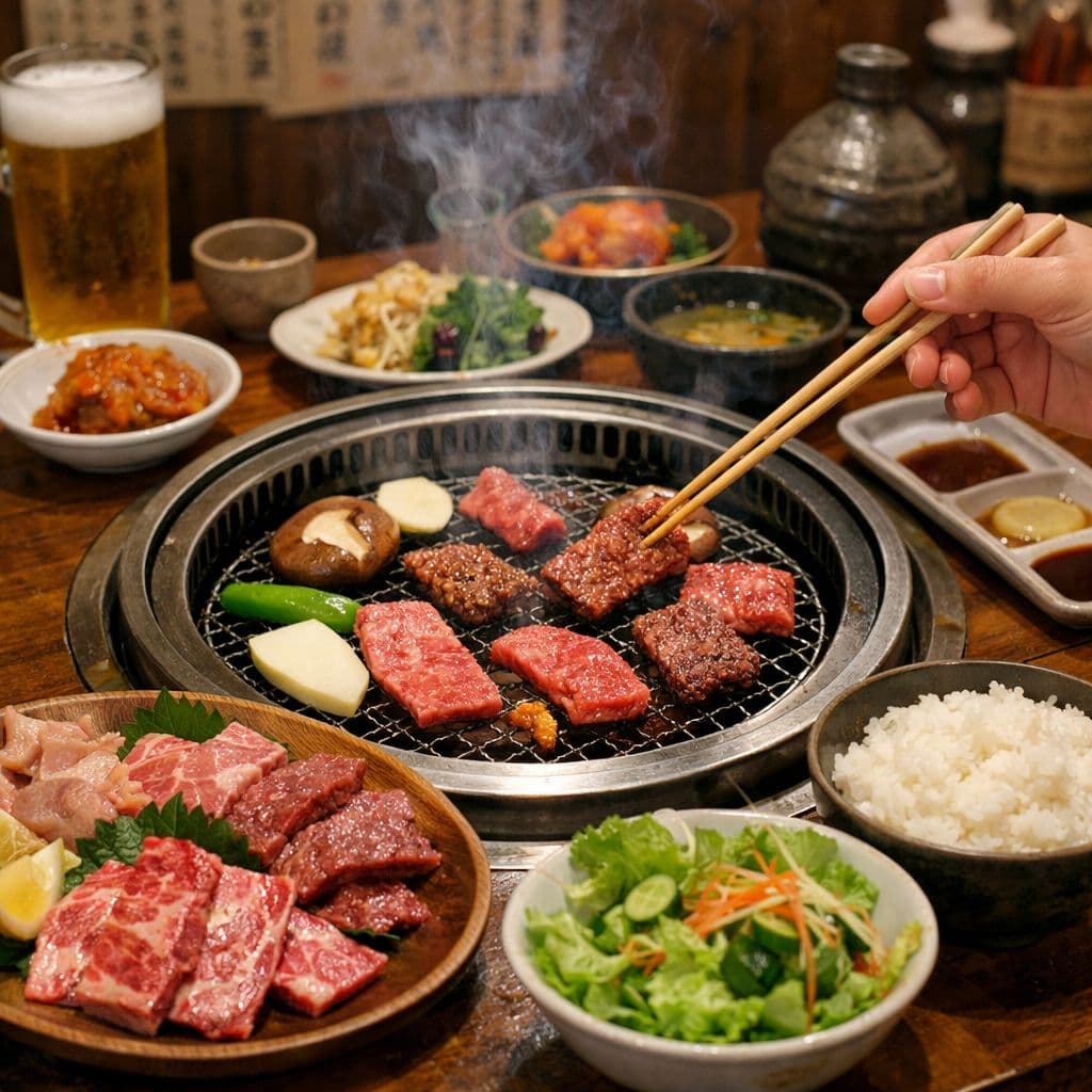 Delicious yakiniku grilling at a restaurant in Tokyo
