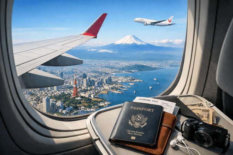 Airplane flying over Tokyo skyline, representing travel to Japan in 2026