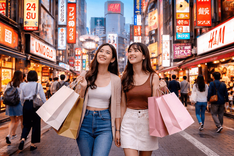 A bustling Tokyo shopping district with vibrant storefronts and modern architecture.