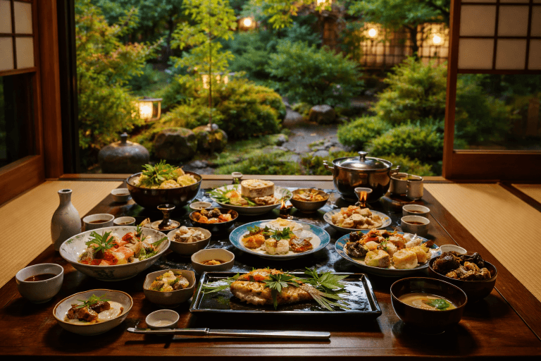A traditional kaiseki meal beautifully presented in Kyoto