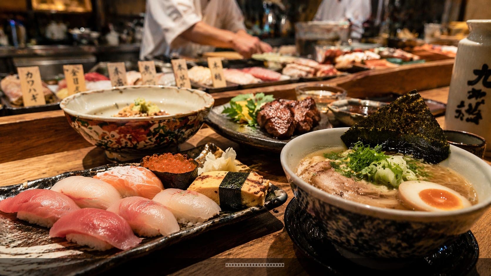 Street food market in Japan with local dishes and bustling atmosphere