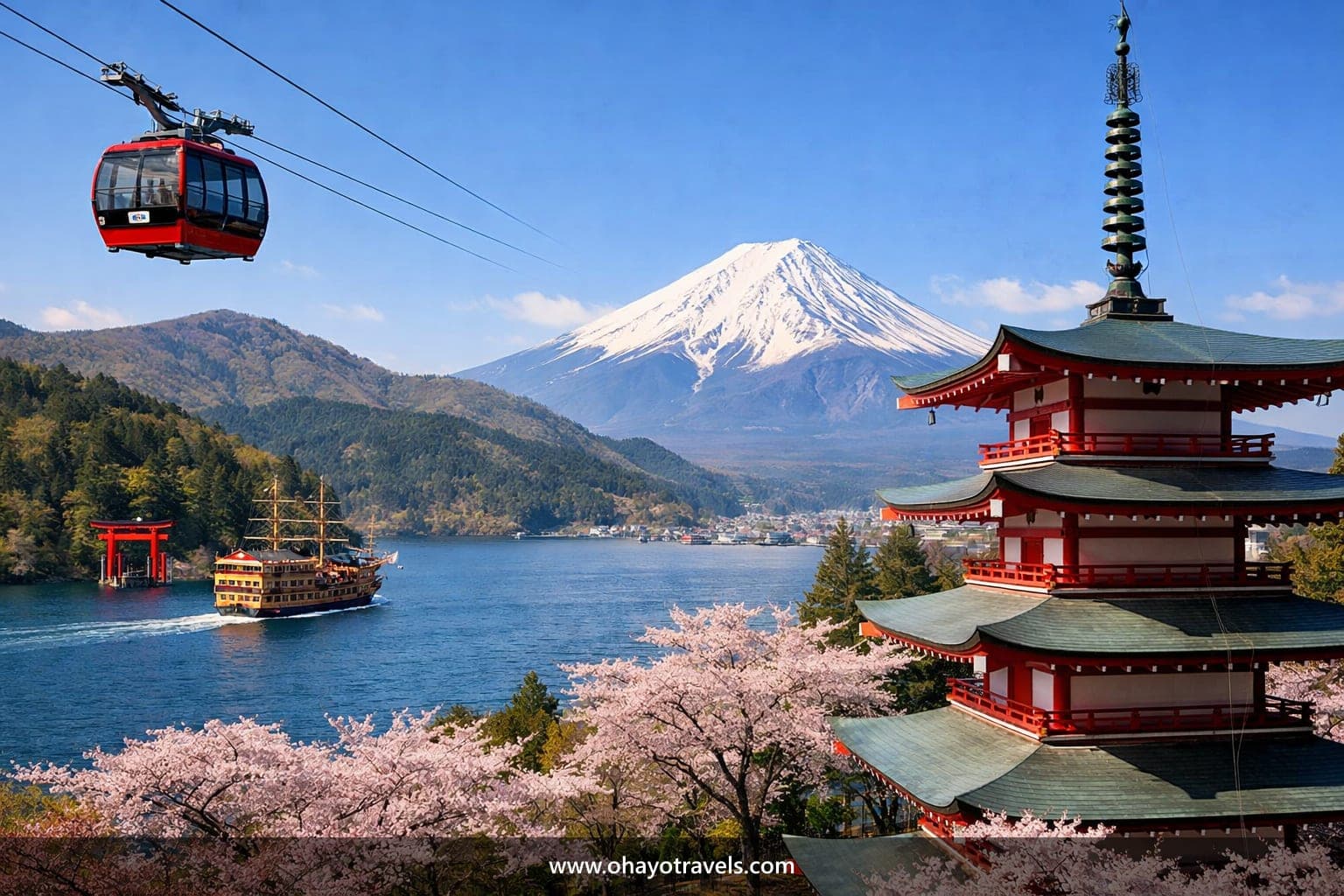 View of Lake Ashi with boats and Mt Fuji in the background, showcasing both destinations.