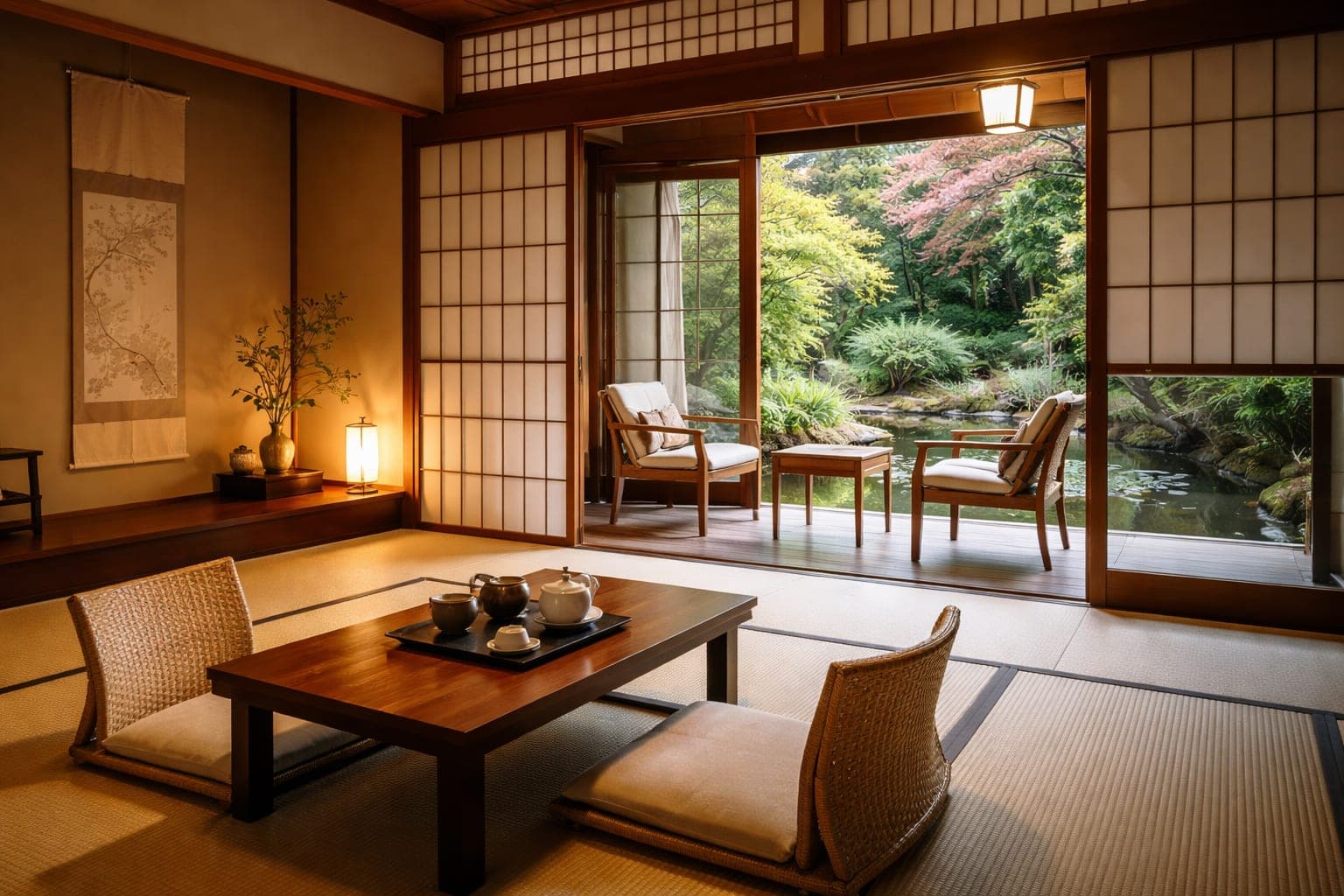 Traditional Japanese ryokan with a peaceful garden view