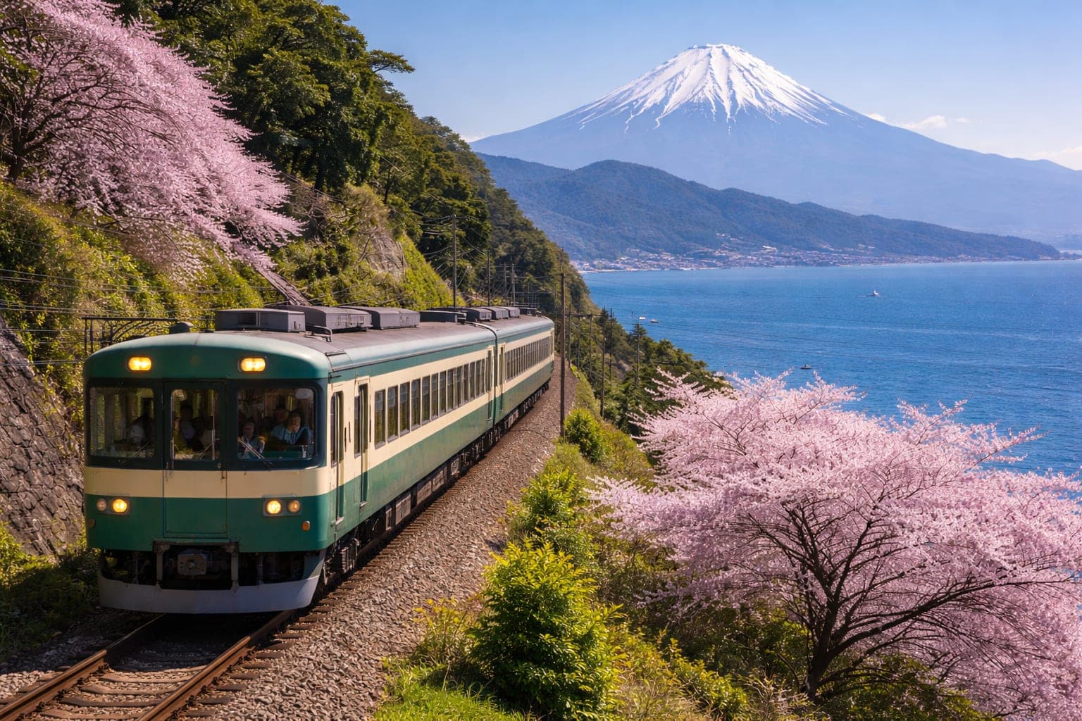 View from a Japanese train window showcasing mountains and forests in 2026.