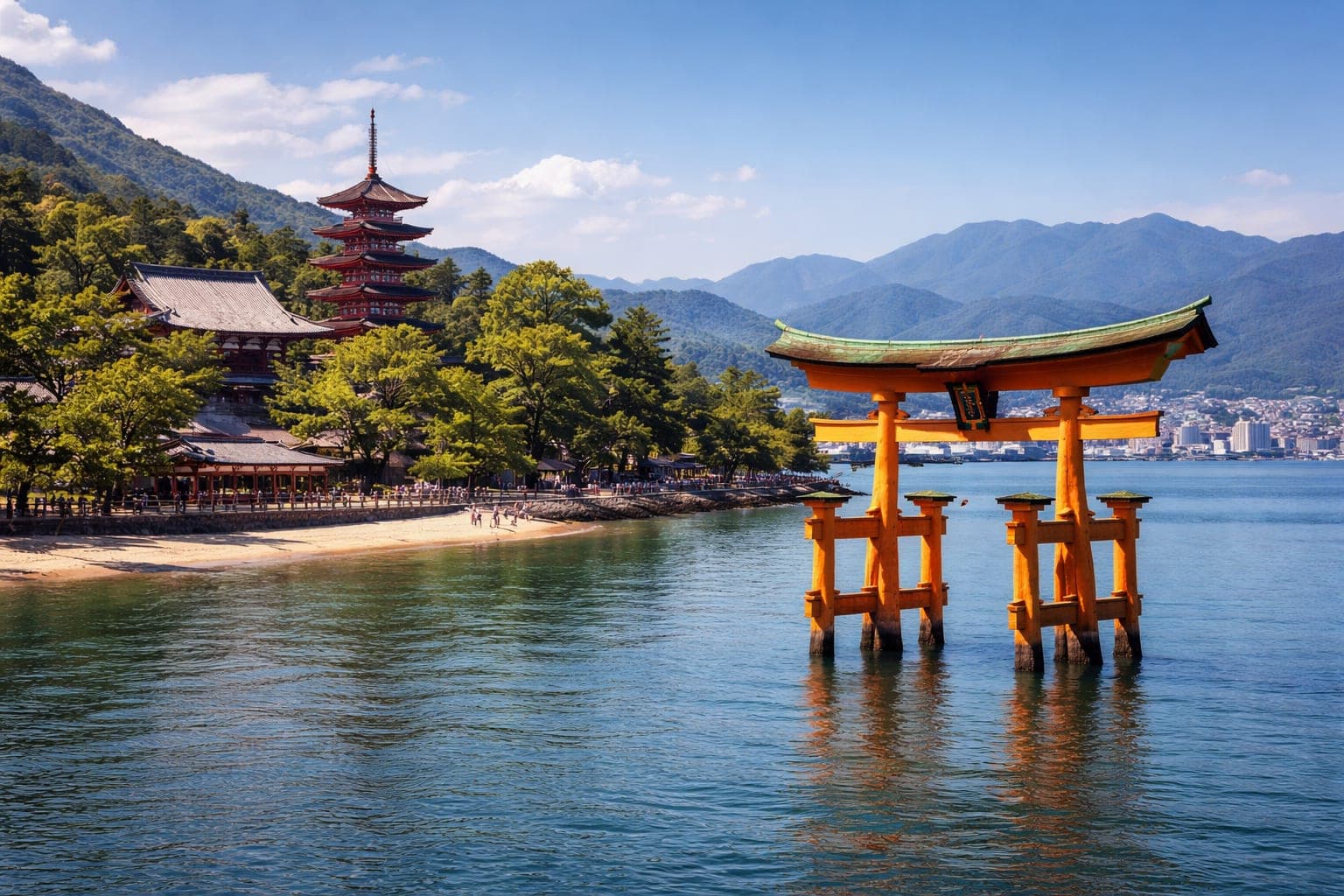 Itsukushima Shrine torii gate on Miyajima Island with blue sky background.