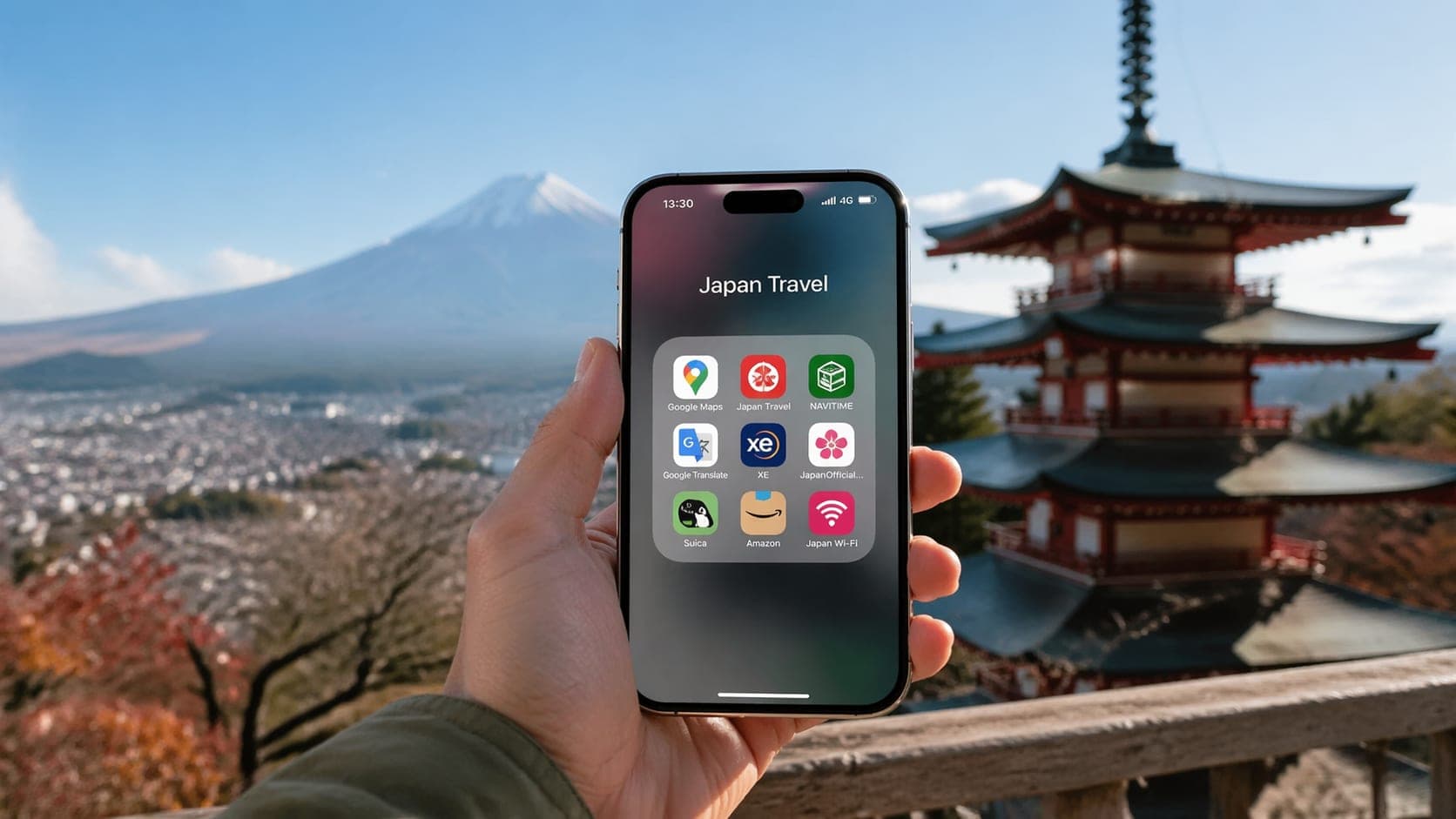 Smartphone with travel apps against a backdrop of Japan's cityscape