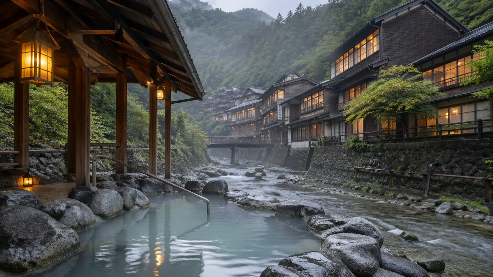 Serene onsen surrounded by snowy landscapes in Japan