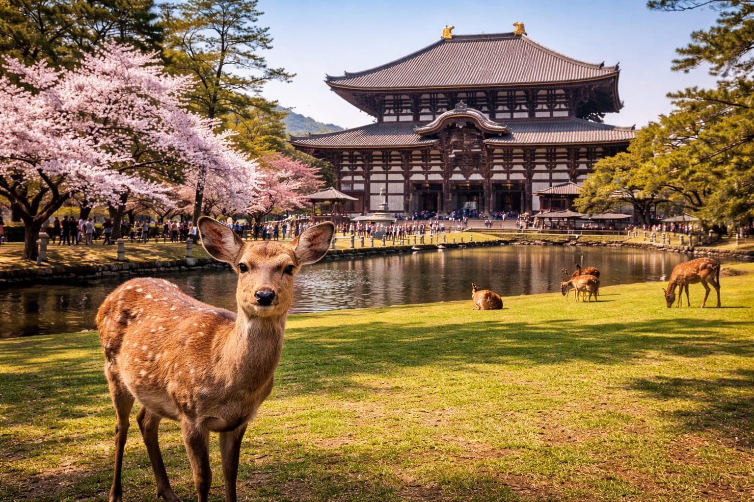Nara Park with deer and Todai-ji Temple in the background, capturing the essence of a Nara day trip