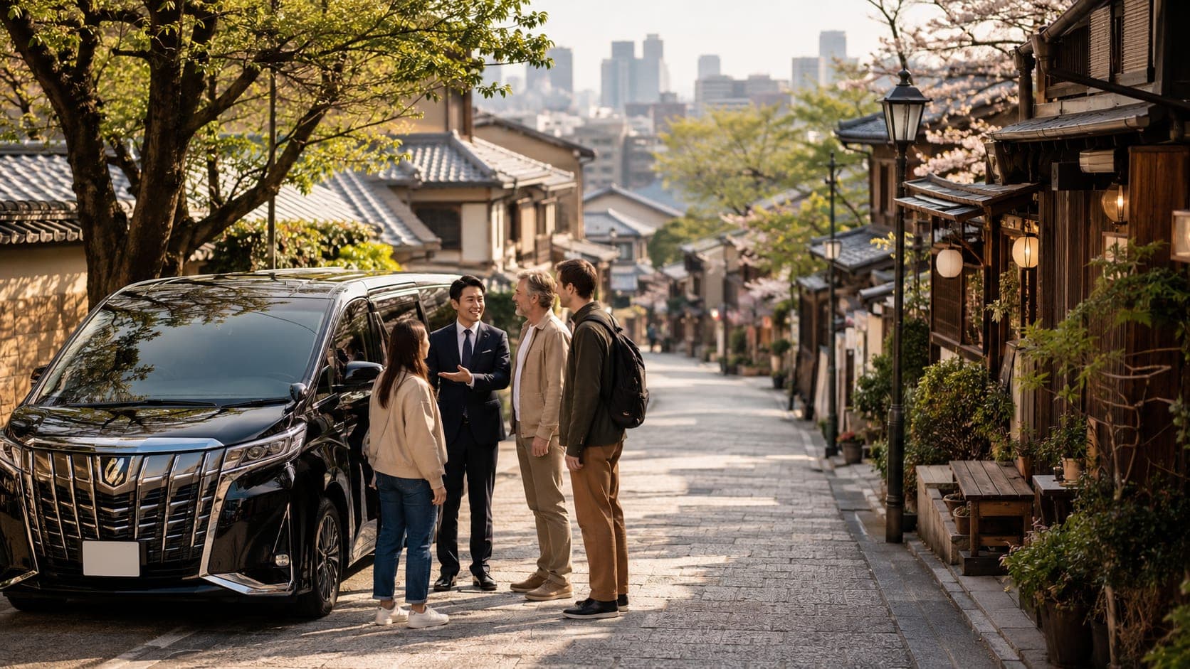 Luxury car parked in a picturesque Tokyo location, city skyline in background