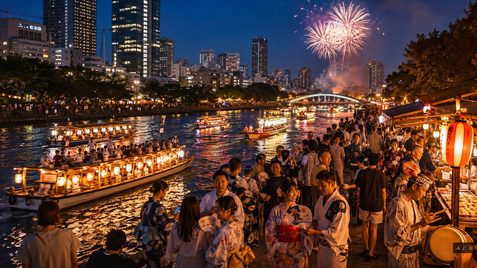 Colorful parade floats at Osaka's Tenjin Matsuri festival