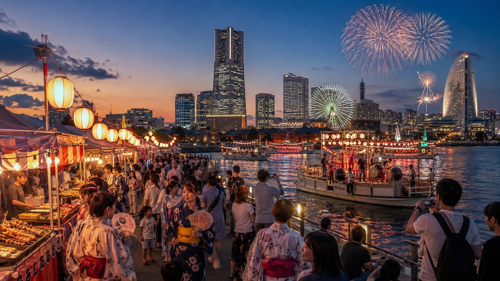 Fireworks lighting up the night sky at Yokohama Port Festival