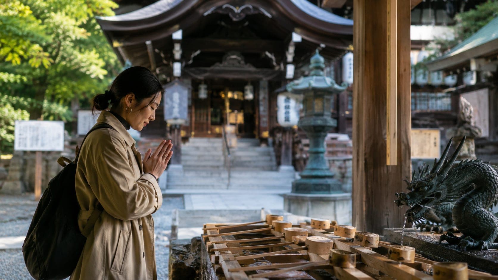 Visitors performing purification rituals at a Japanese temple entrance.