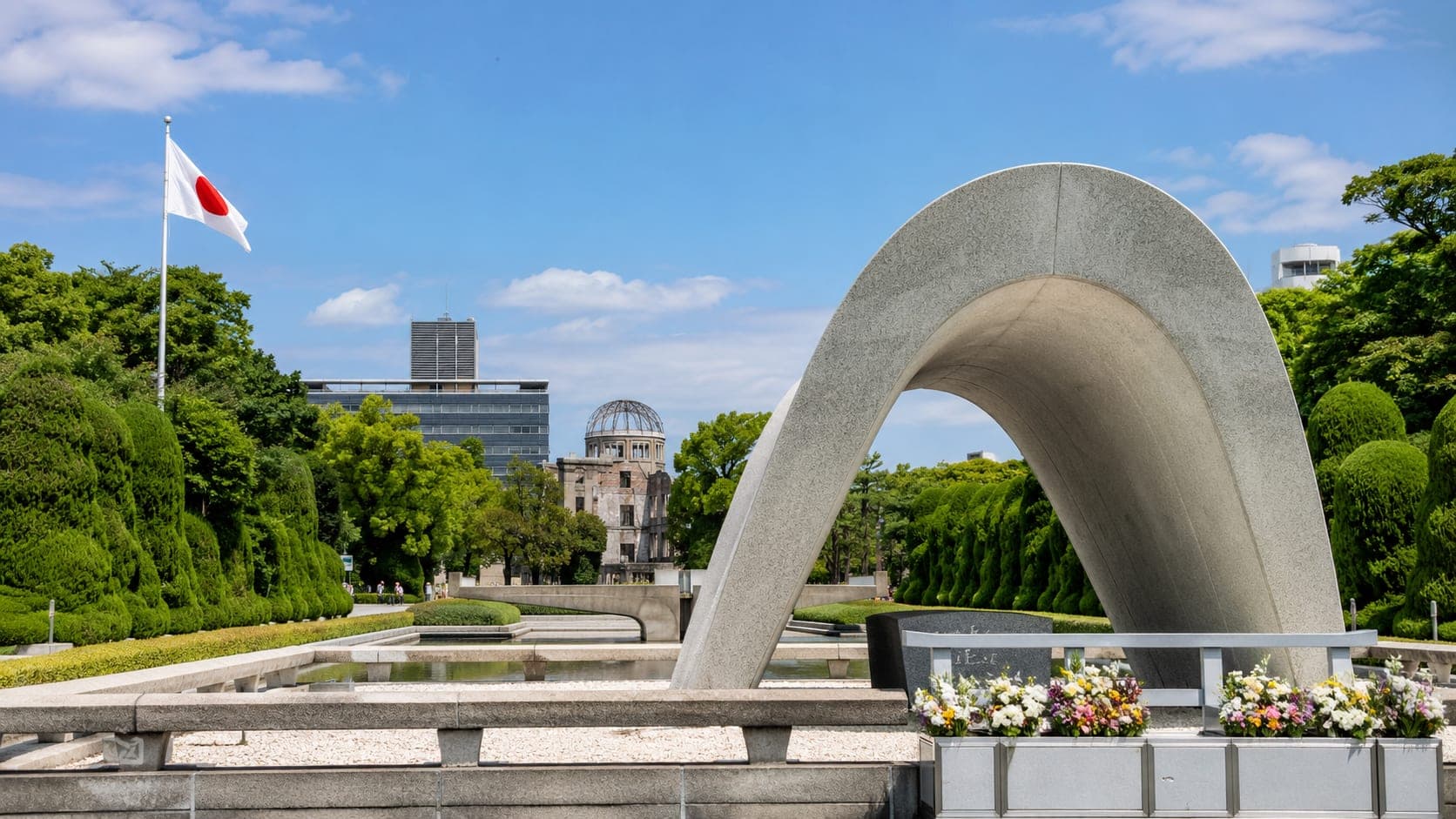 Panoramic view of Hiroshima Peace Memorial Park with Atomic Bomb Dome