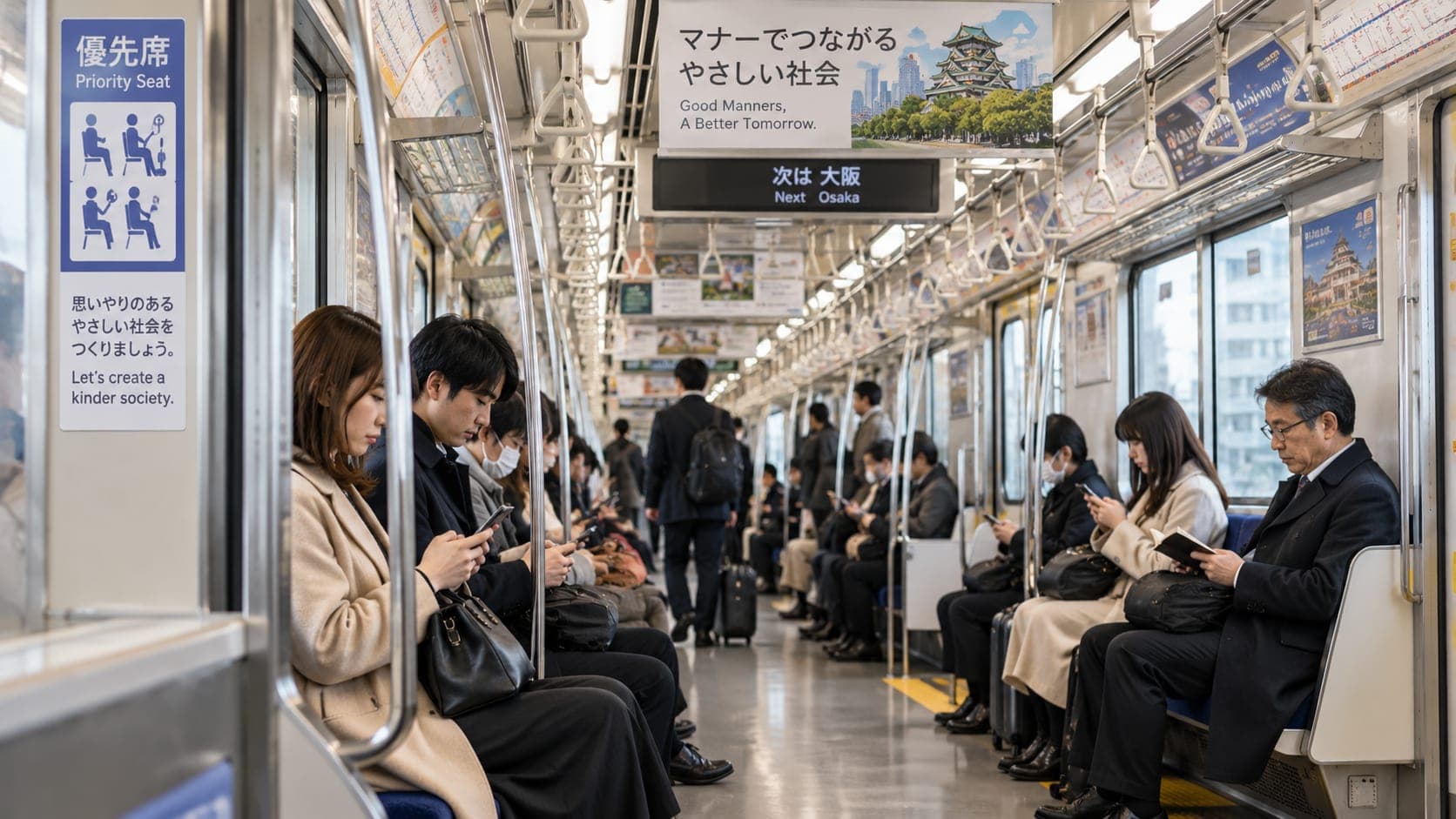 Japanese train interior showing passengers observing etiquette.