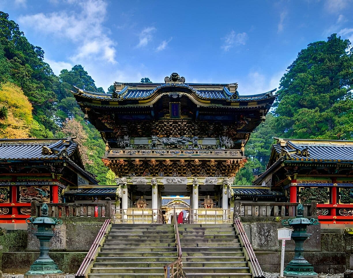 Ornate buildings and trees at Nikko Toshogu Shrine