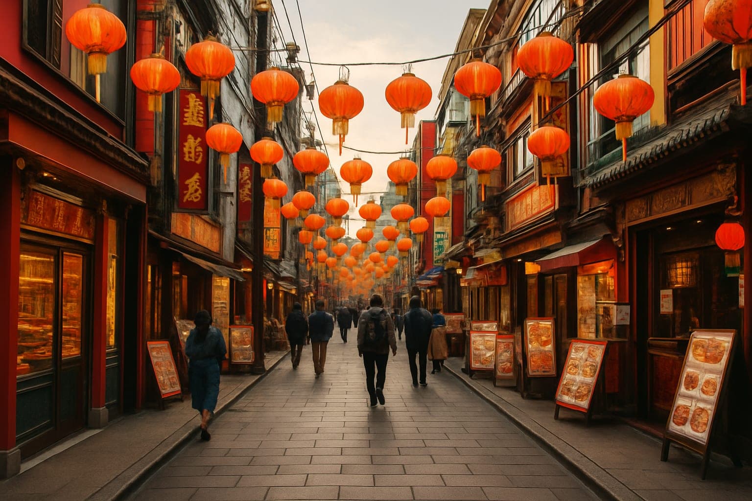 Yokohama Chinatown street scene with colorful lanterns and bustling shops.