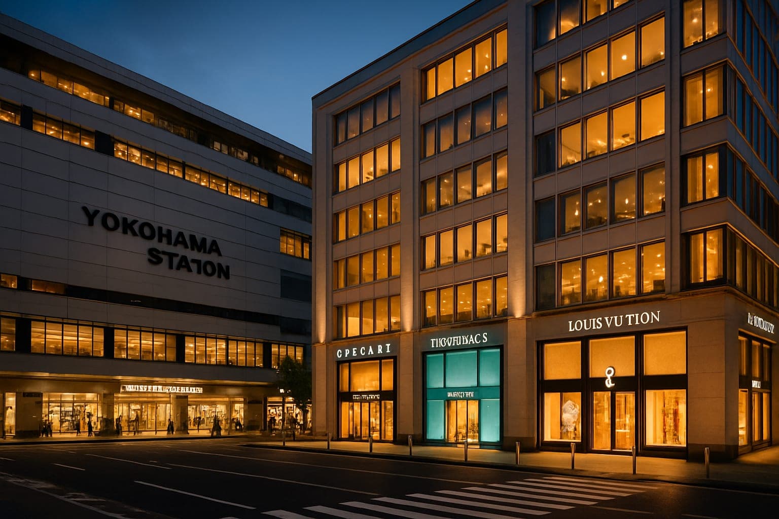 Exterior view of Yokohama Station with luxury shops and vibrant city lights.