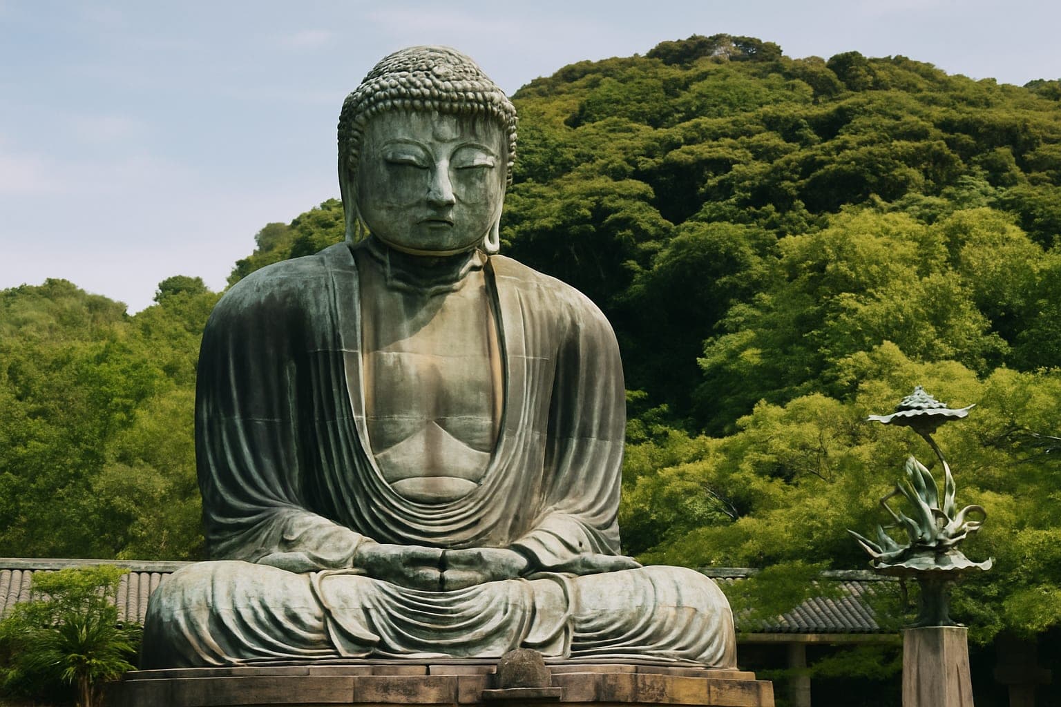 The Great Buddha of Kamakura surrounded by green trees on a sunny day.