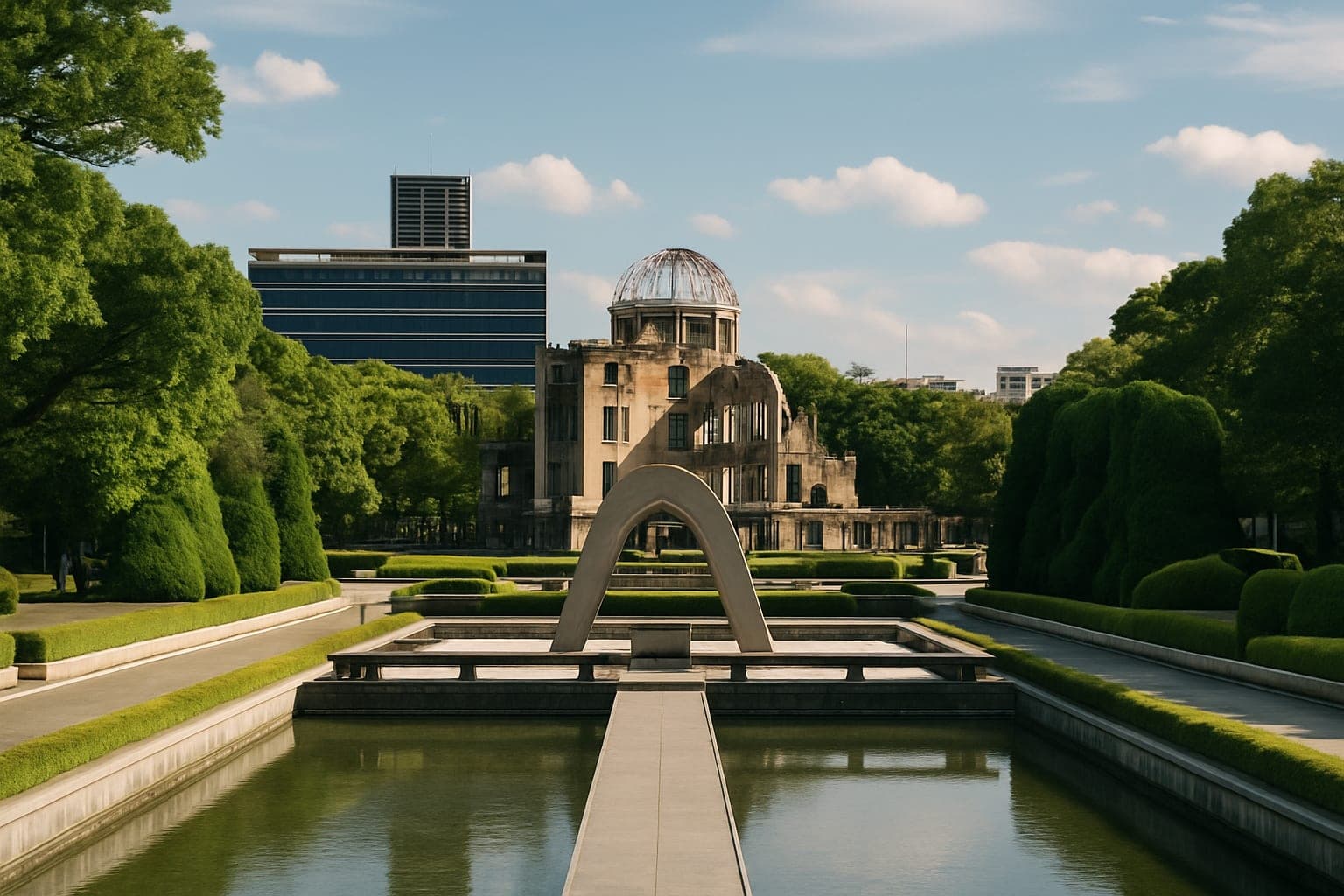 Hiroshima Peace Memorial Park with A-Bomb Dome in the background