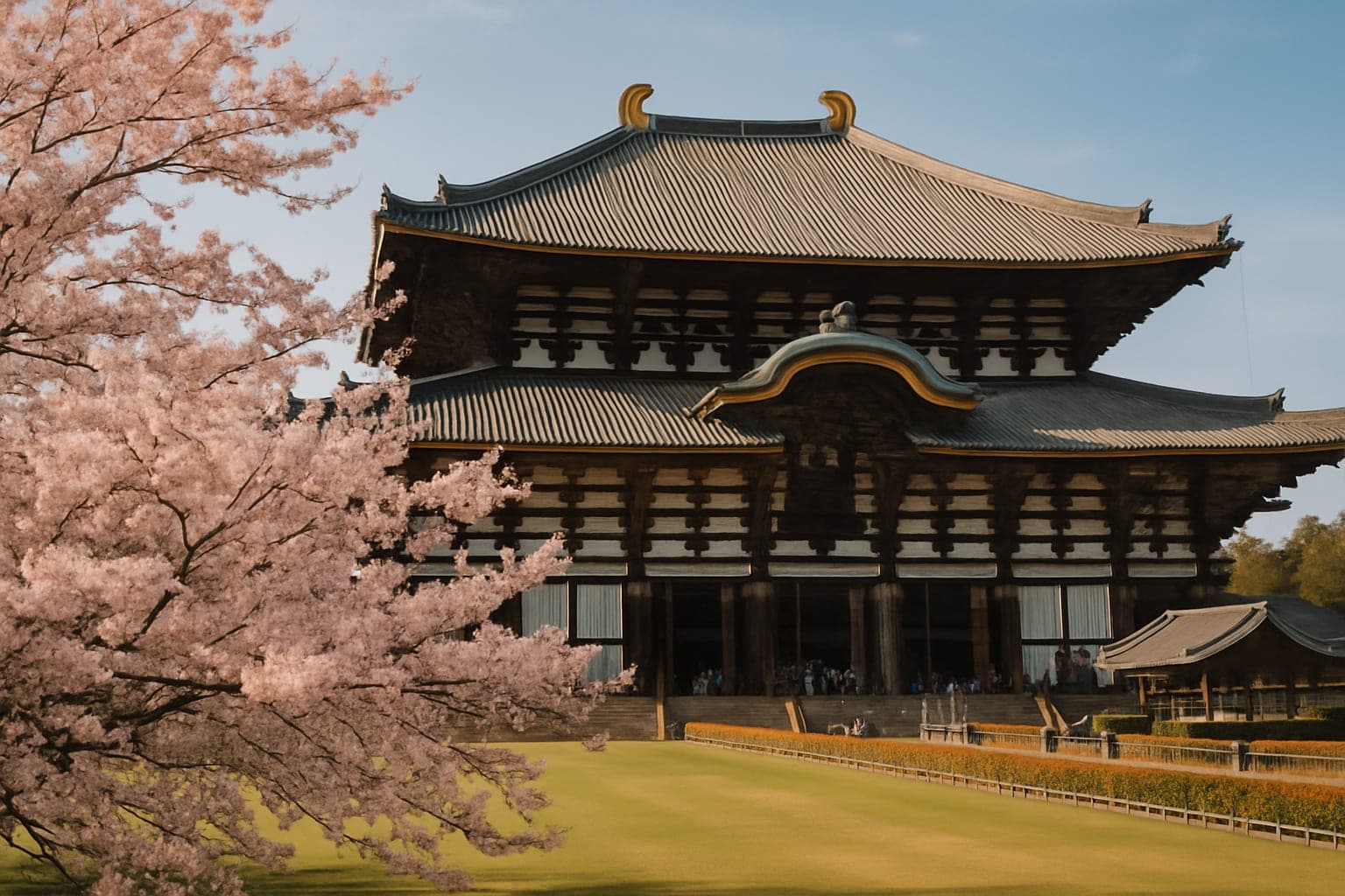 View of Todai-ji Temple in Nara surrounded by cherry blossoms