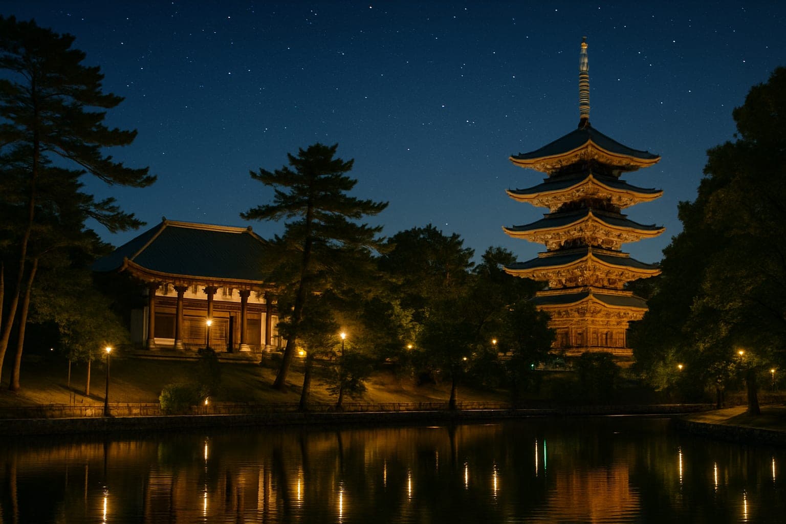 Nara Park at night with illuminated temples and starry sky in 2026