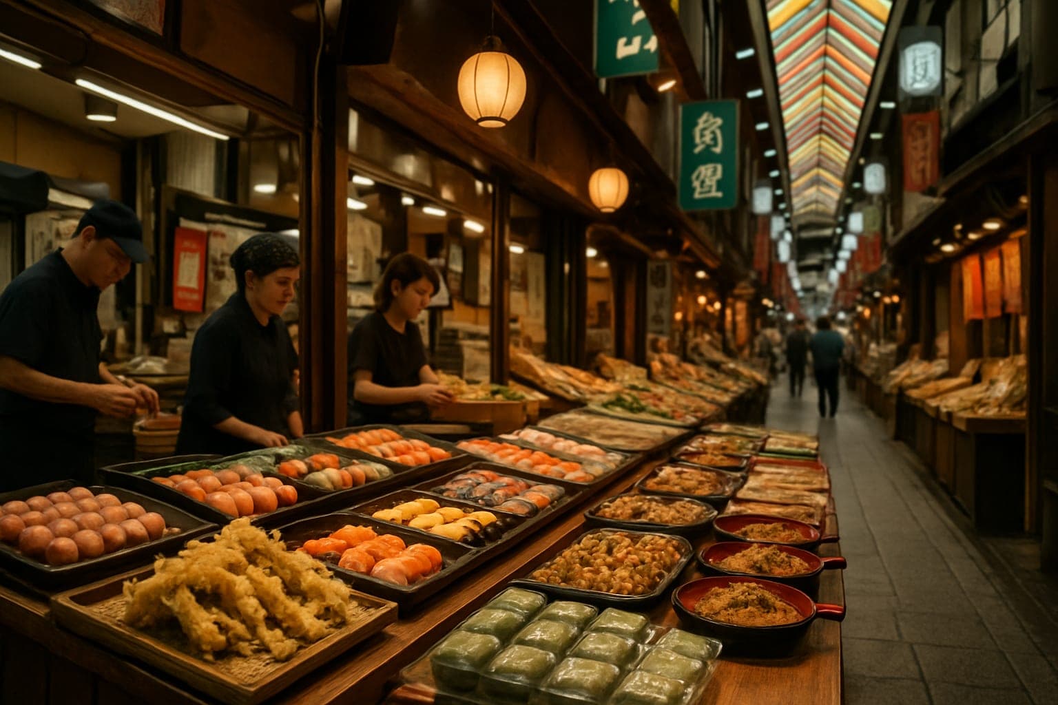 Variety of traditional and modern dishes at a food market in Nara, Japan.