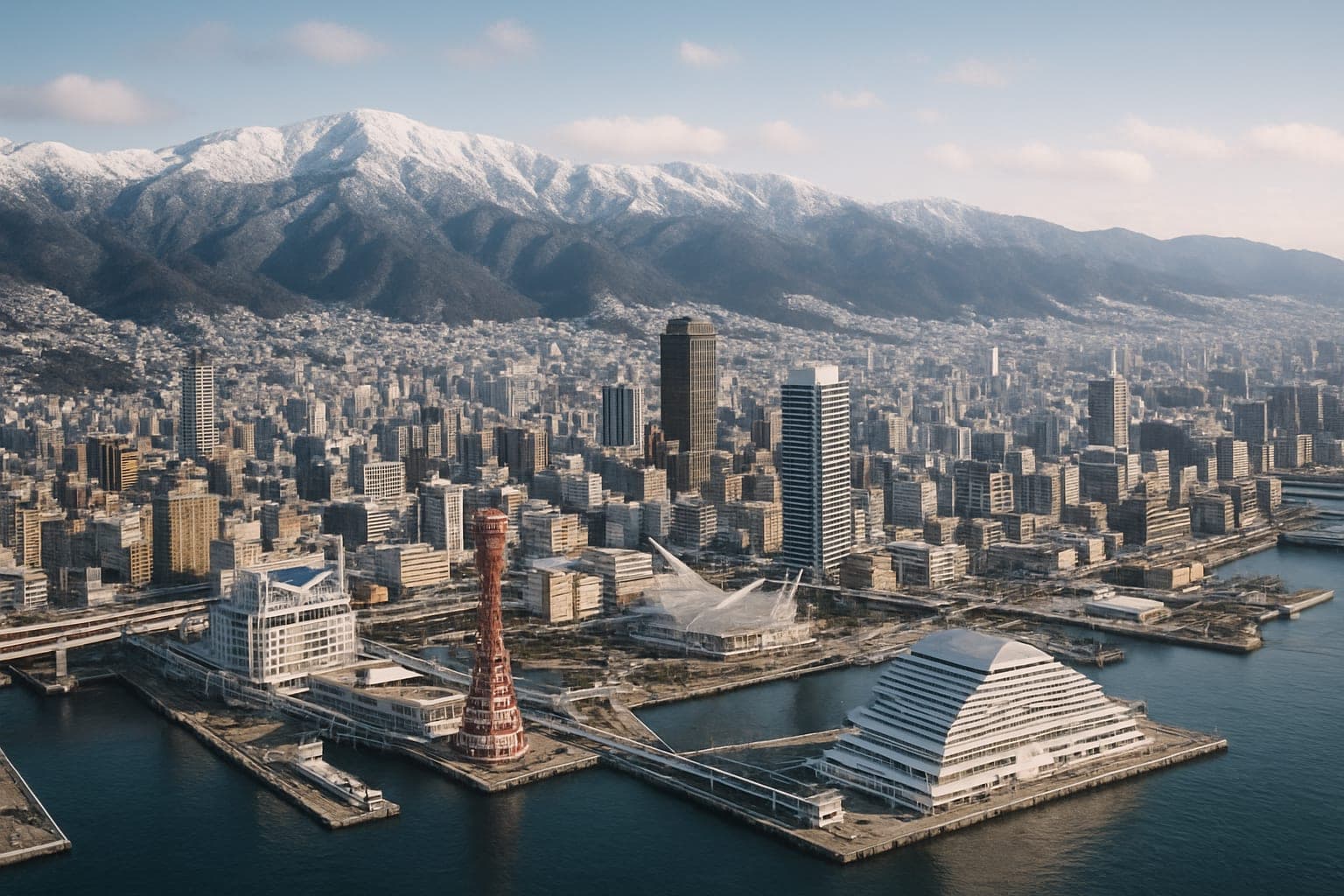 Aerial view of Kobe city in winter with snow-capped mountains in the background.