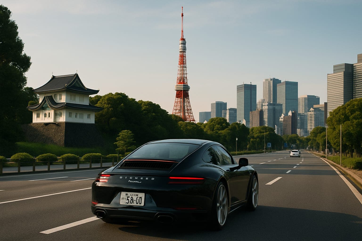 Luxury car in Tokyo with iconic sights in the background