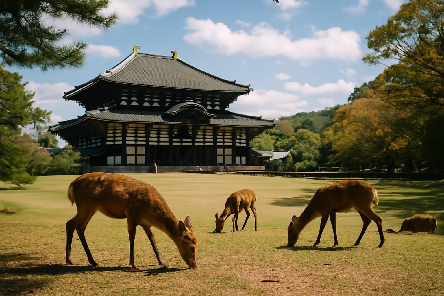 View of Nara Park with deer and Todai-ji Temple in the background, blue sky overhead.