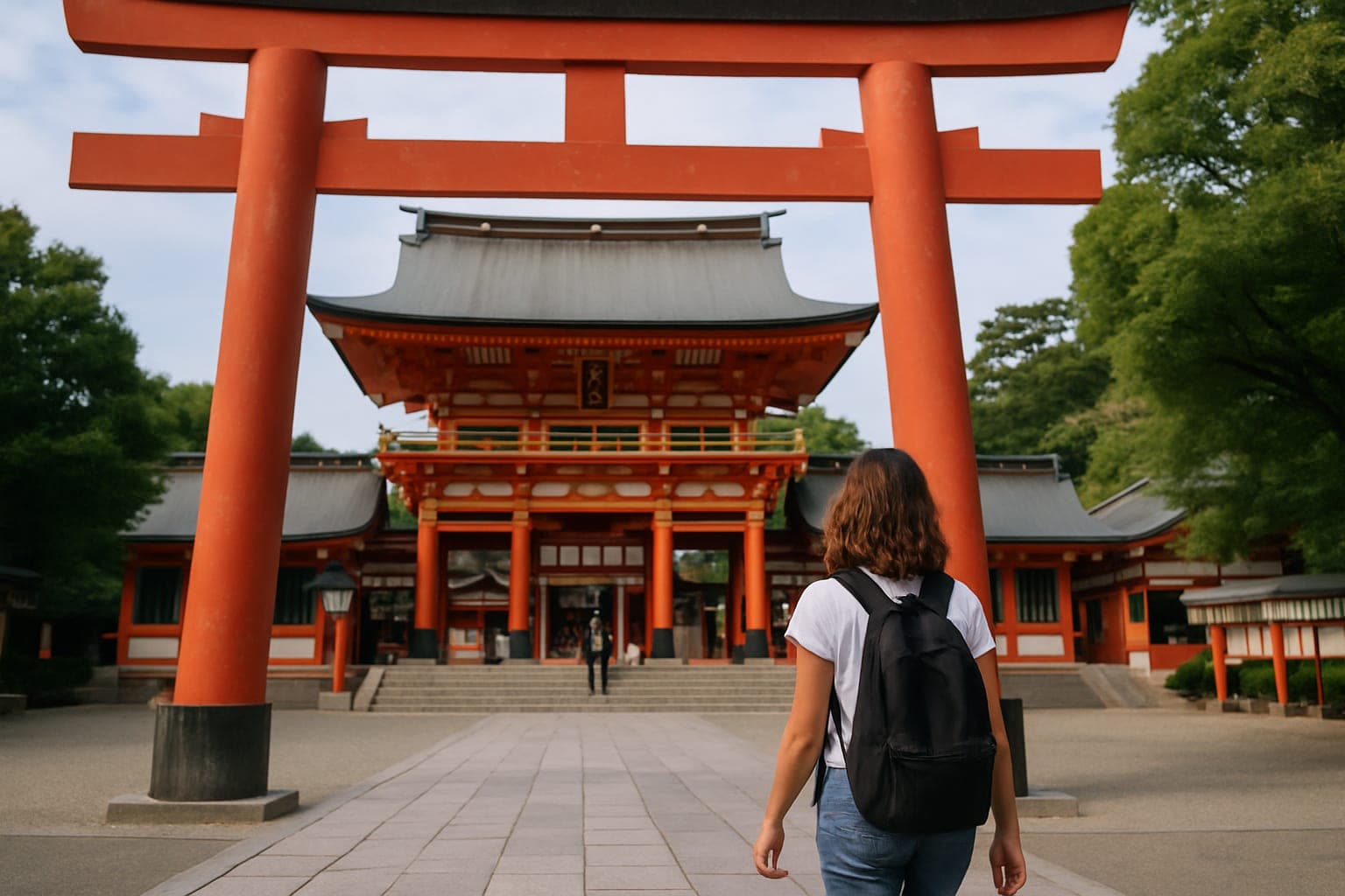 Visitors at Ikuta Shrine's torii gate in Kobe, Japan