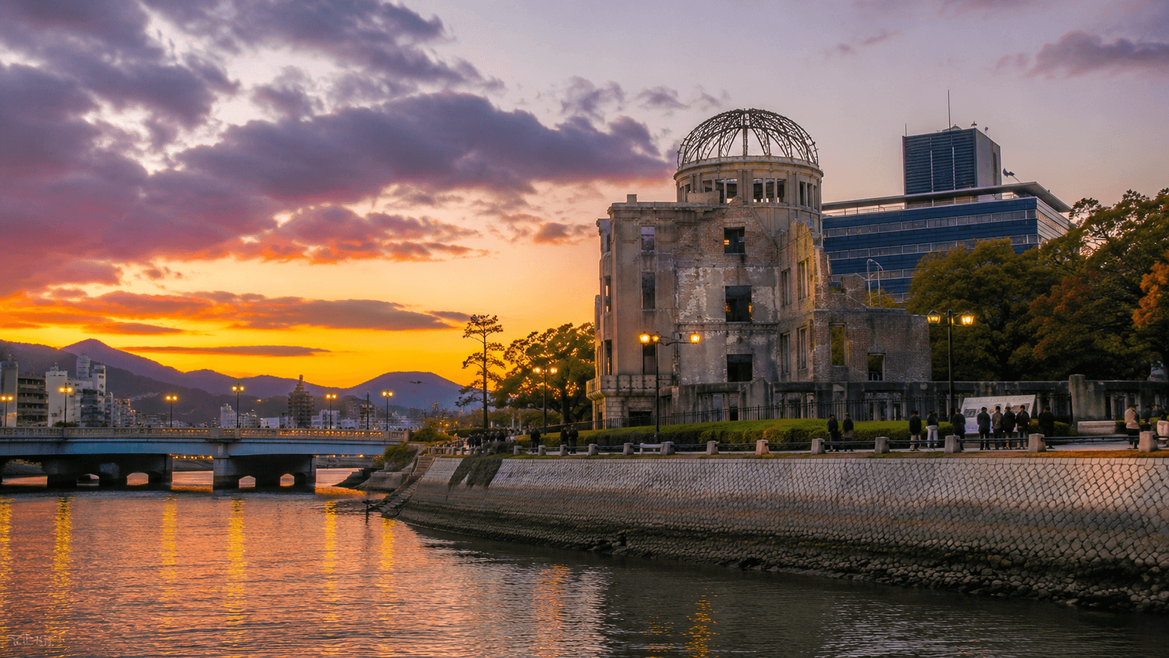 Hiroshima Peace Memorial A-Bomb Dome reflected in the Motoyasu River on a calm morning