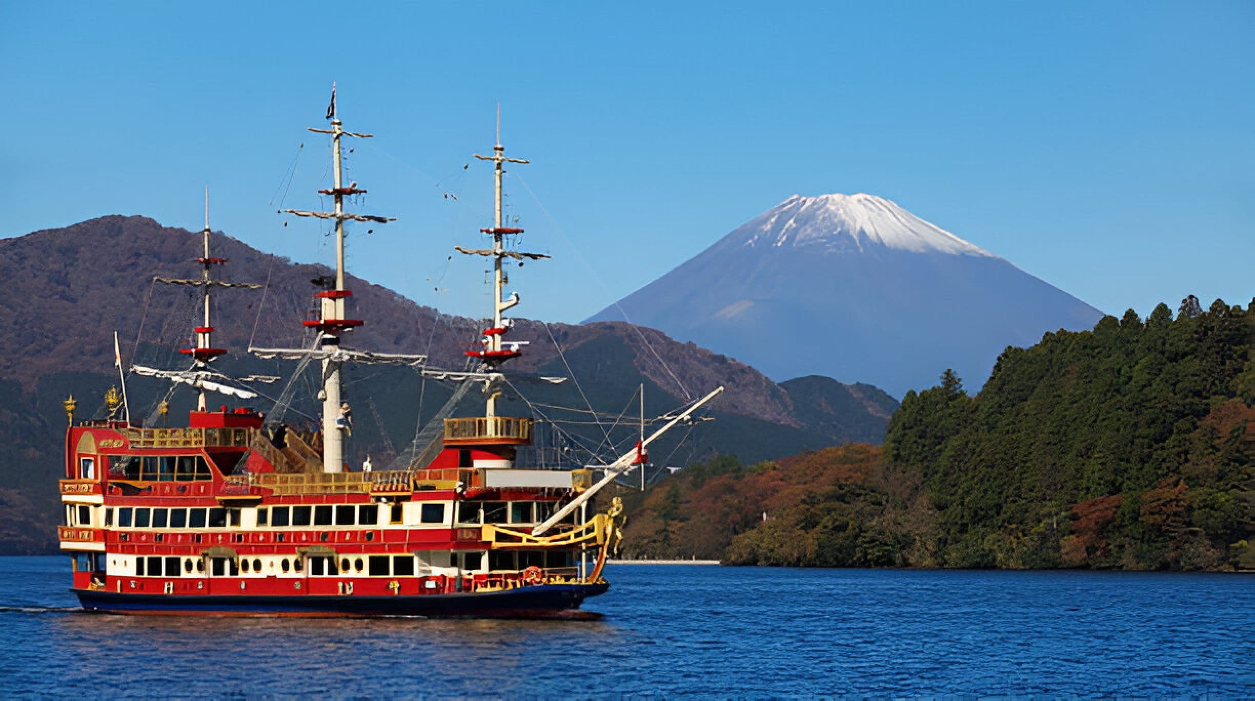 Pirate ship on Lake Ashi with Mount Fuji in the background
