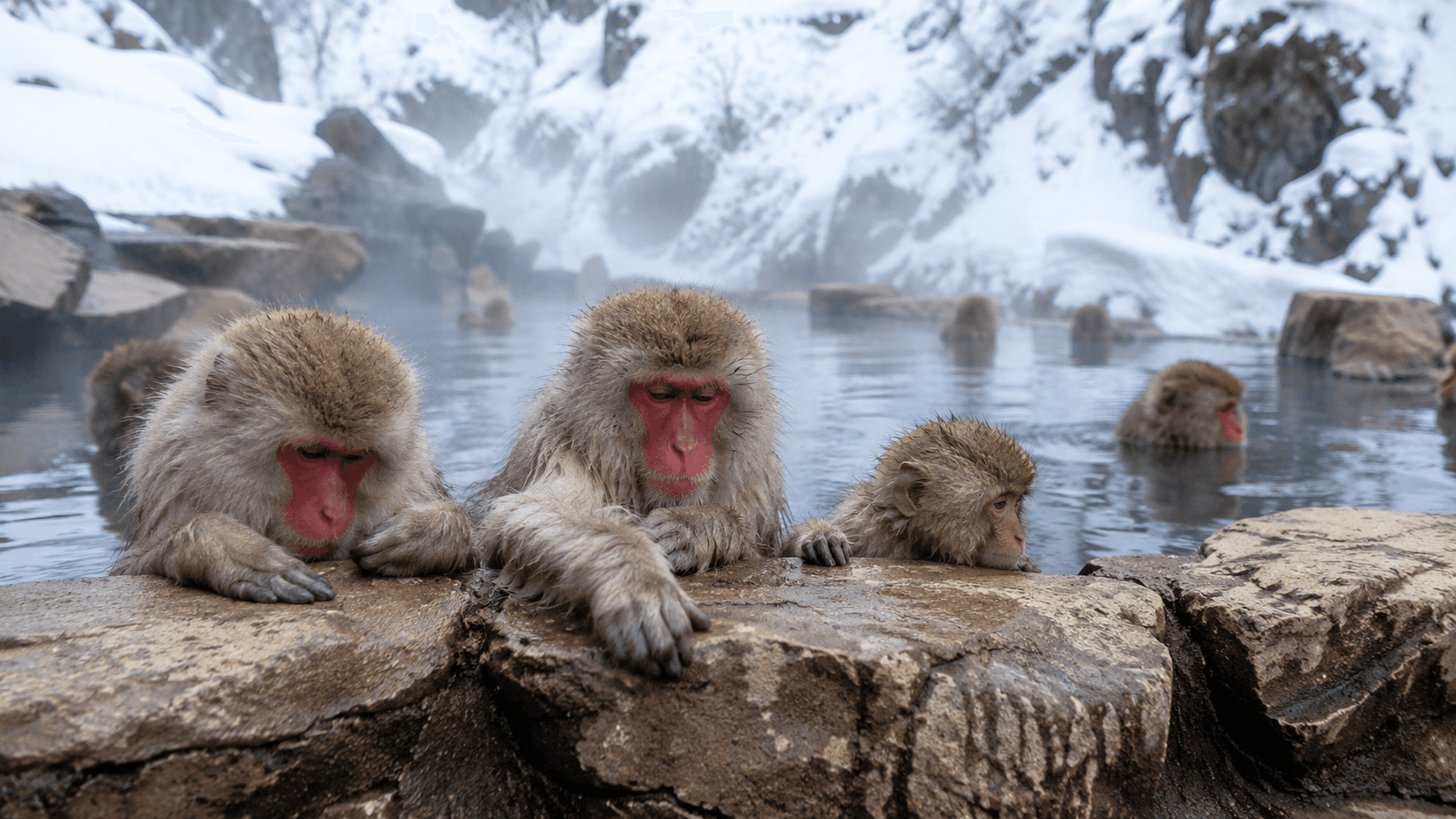 Japanese macaques relaxing in hot spring at Jigokudani Monkey Park Nagano Japan