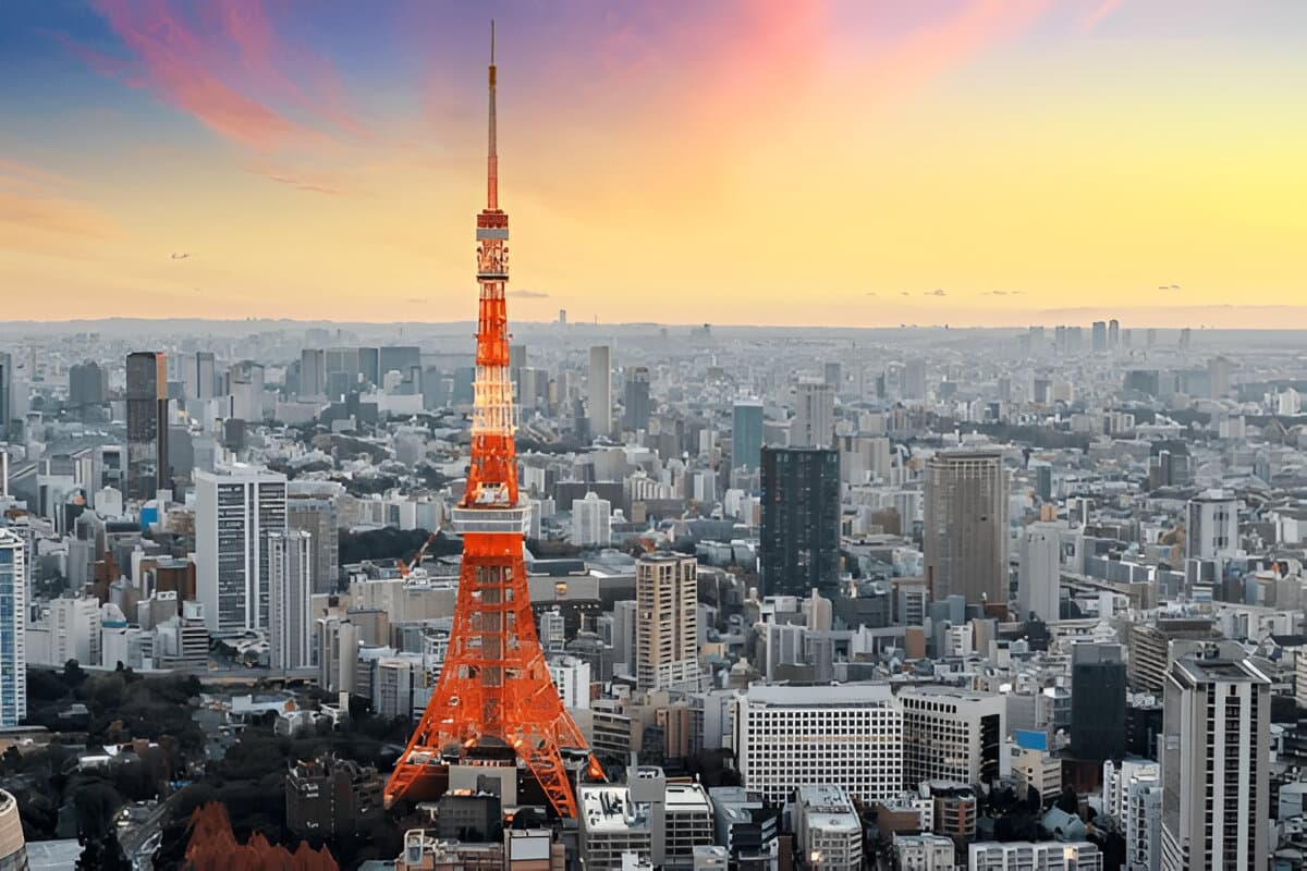 Tokyo Tower with city skyline at sunset
